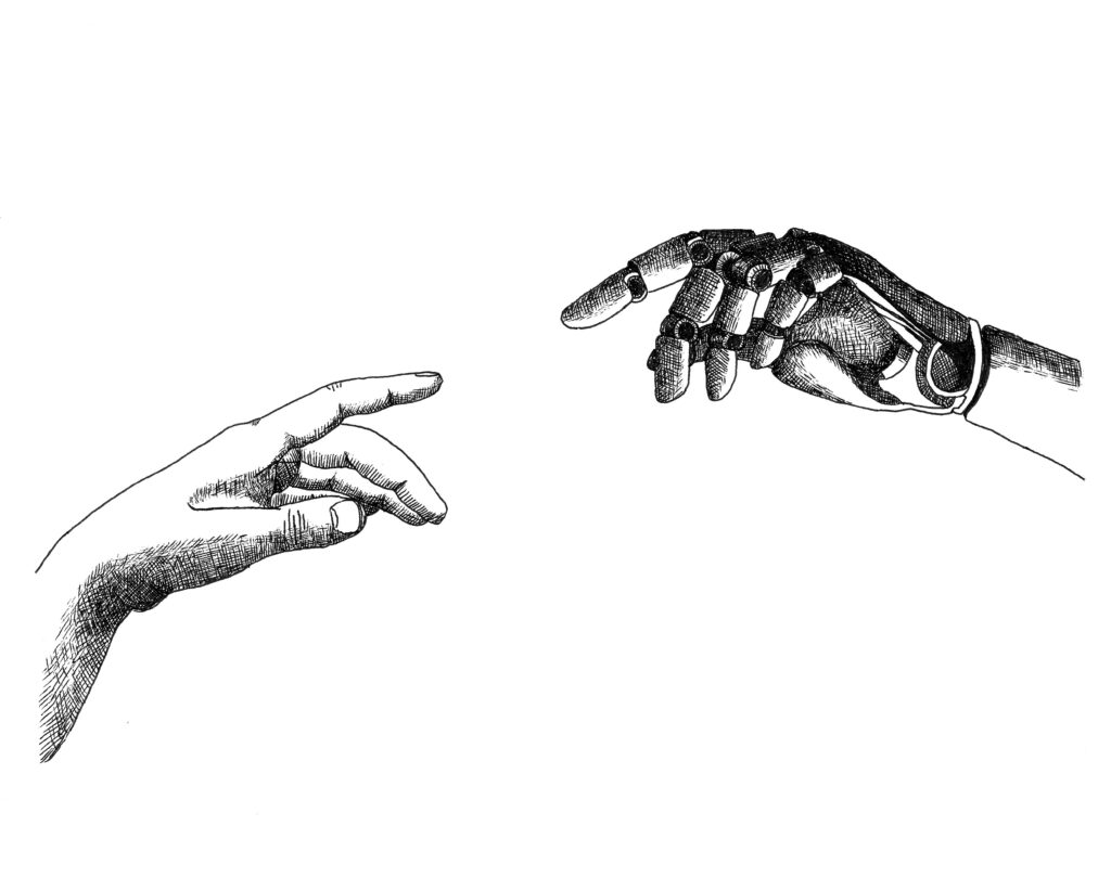 Illustration by Alexis Bulman: Hand-drawing of an AI-generated image, ink on paper, 2026. A black ink sketch against a white background shows a human hand reaching from the left toward a robotic hand extending from the upper right, with both index fingers nearly touching.
