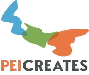 A logo of abstract blue, green, and orange shapes representing Kings, Queens, and Prince counties overlap slightly to form the shape of the province Prince Edward Island. The words “PEI CREATES” appear below in bold, uppercase letters, with “PEI” in orange and “CREATES” in dark grey.
