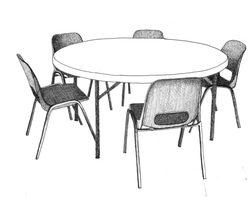 “Round table” by Alexis Bulman. Hand-drawn black-and-white illustration of a round table surrounded by five chairs.